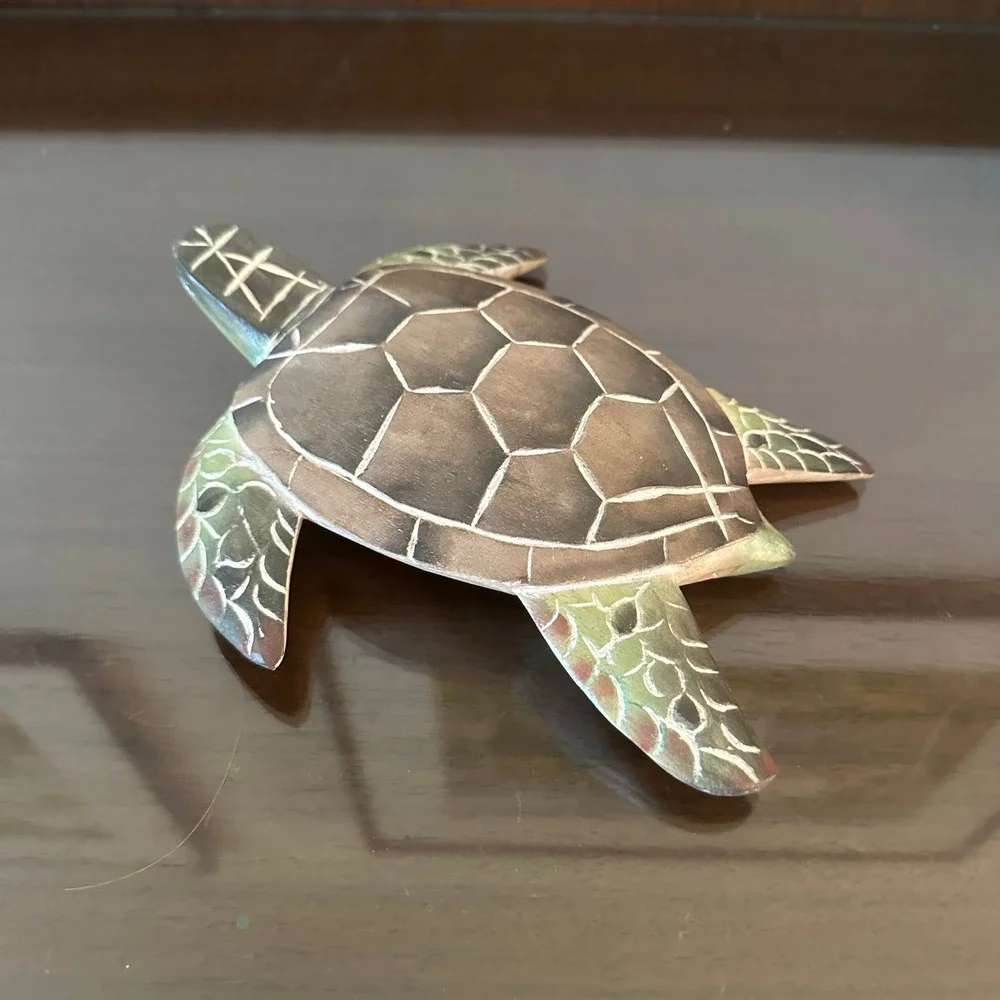 Carved Wood Sea Turtle Wall Decor Tropical Coastal‎ Figurine Indonesia 7'' Beach